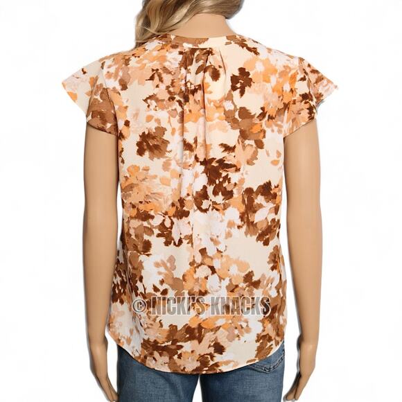 Calvin Klein Orange Floral Crepe Blouse Flutter Sleeves Split Neck Top Size S - Picture 6 of 10